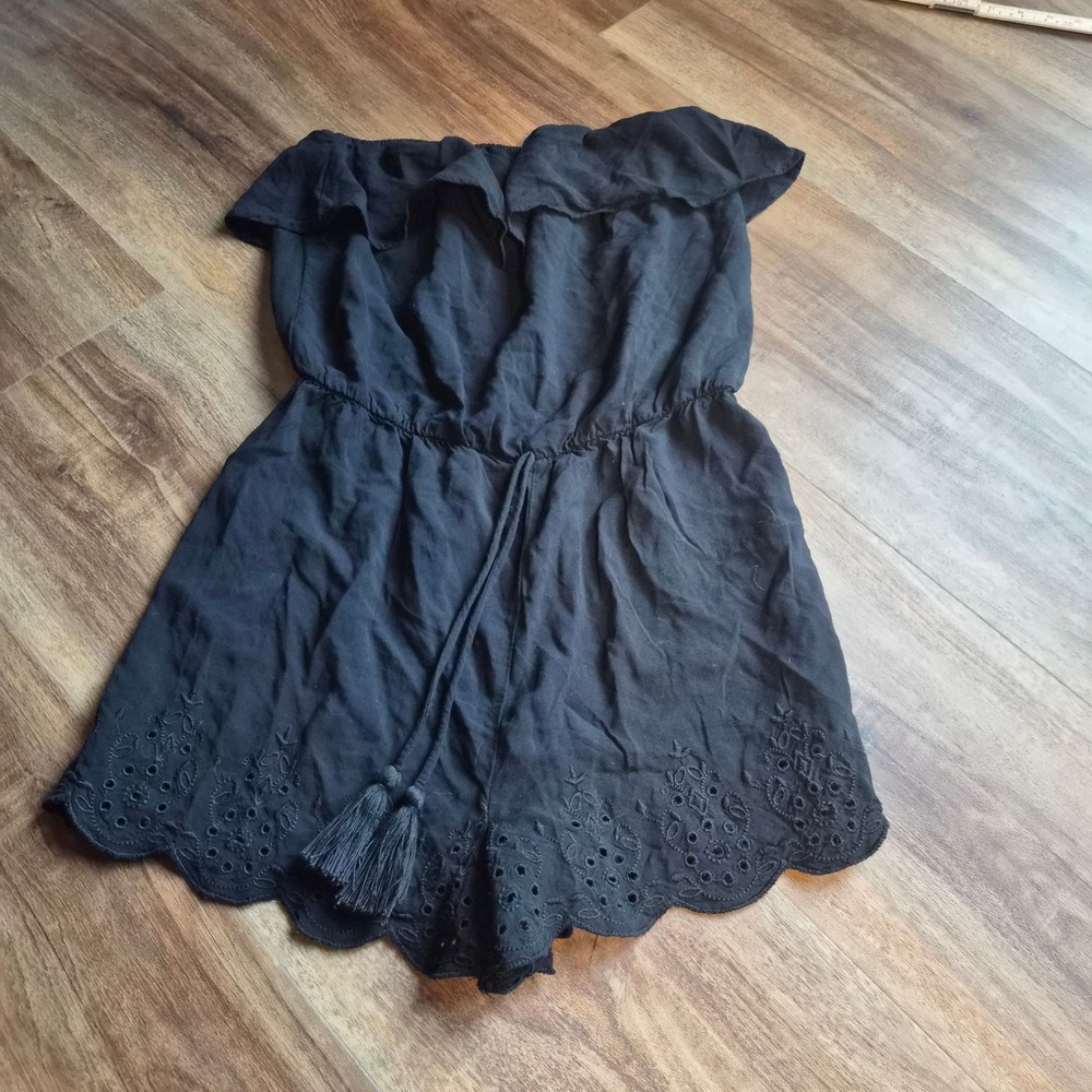 Mossimo Black Strapless Romper Eyelet Scallop Hem Boho Ruffle Tassel Small